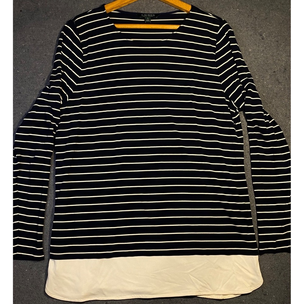LAUREN‎ RALPH LAUREN xl women's LONG SLEEVE striped navy and ivory TOP shirt